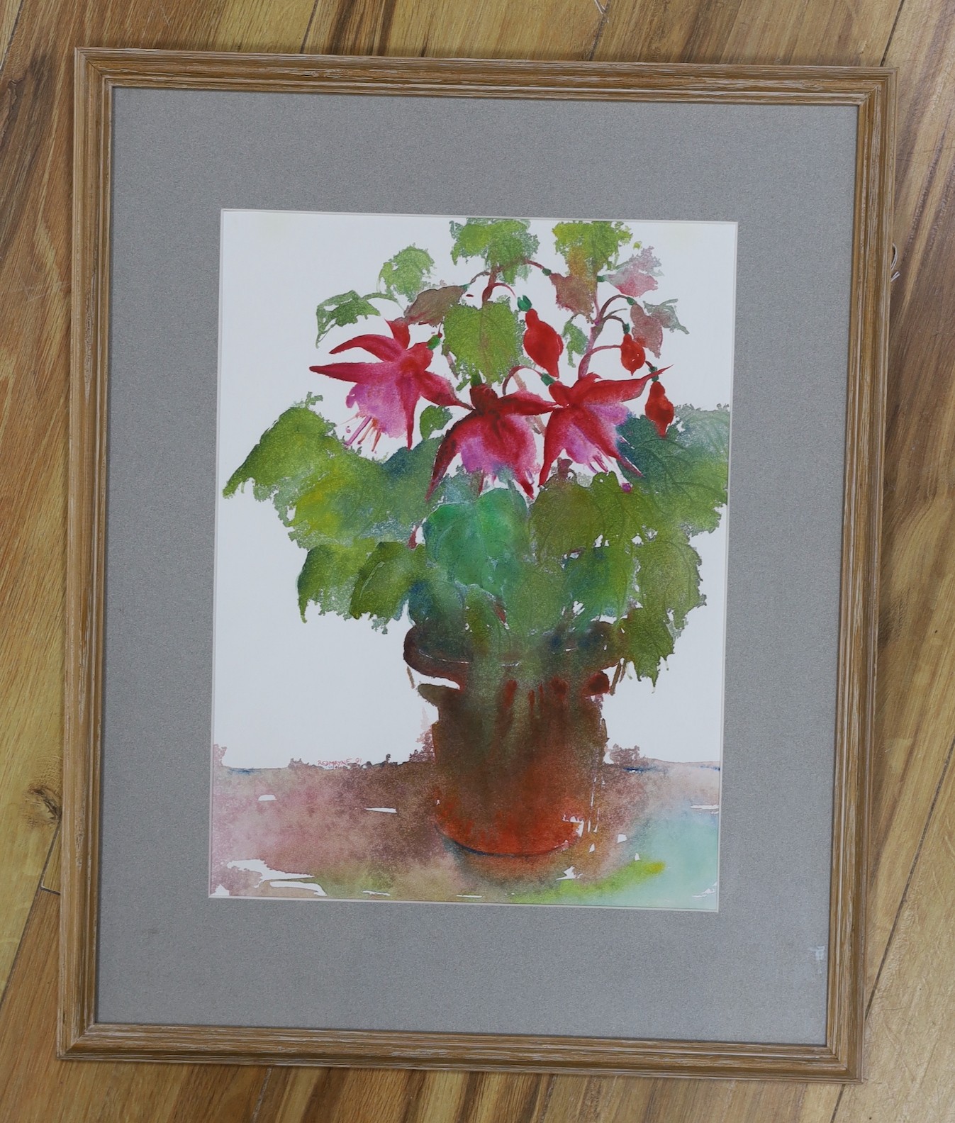 Redmayne, watercolour, Still life of a Begonia in a pot, signed and dated '91, 39 x 29cm